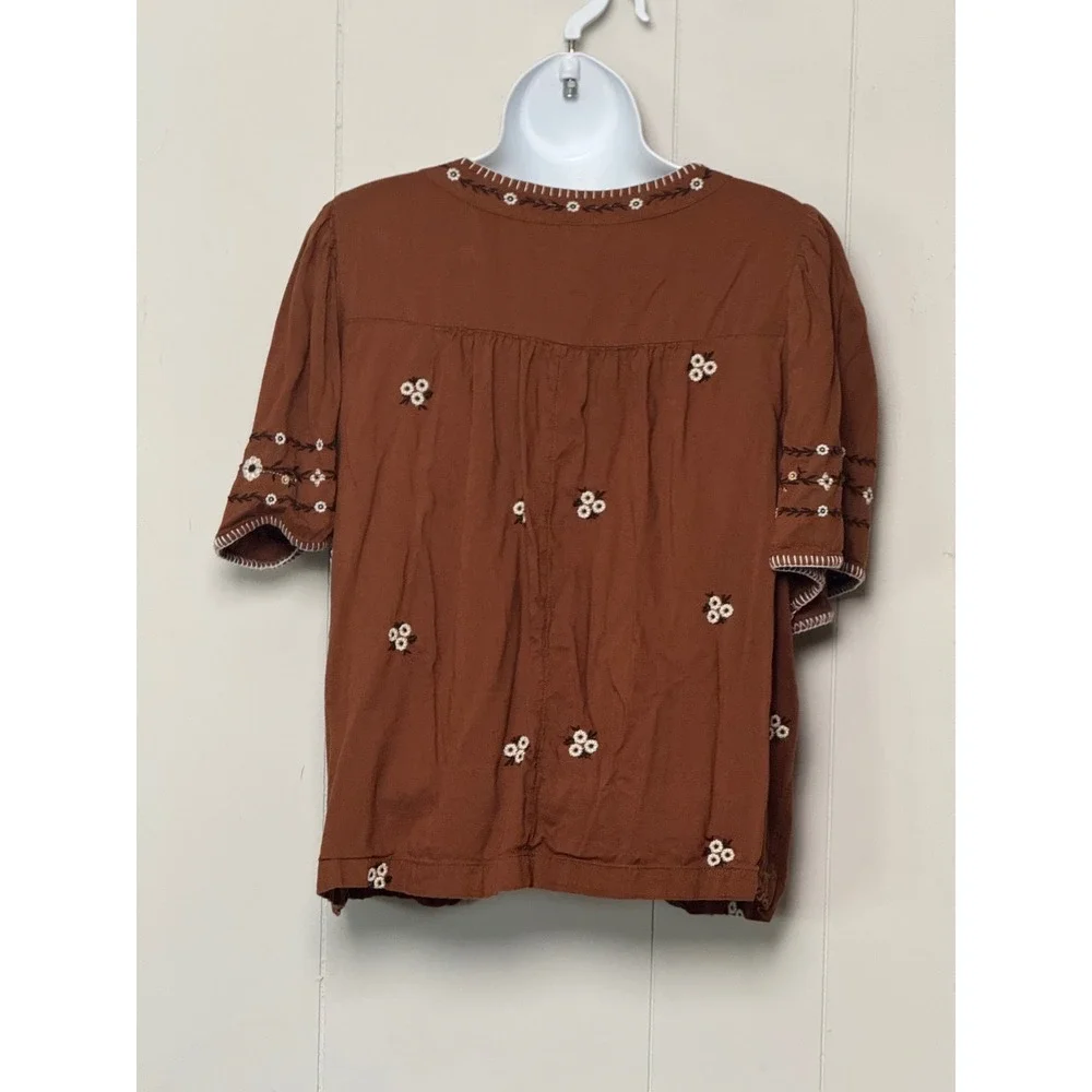 Old Navy Women Rust Brown Floral Embroidered Babydoll V-Neck Blouse Top Sz Large